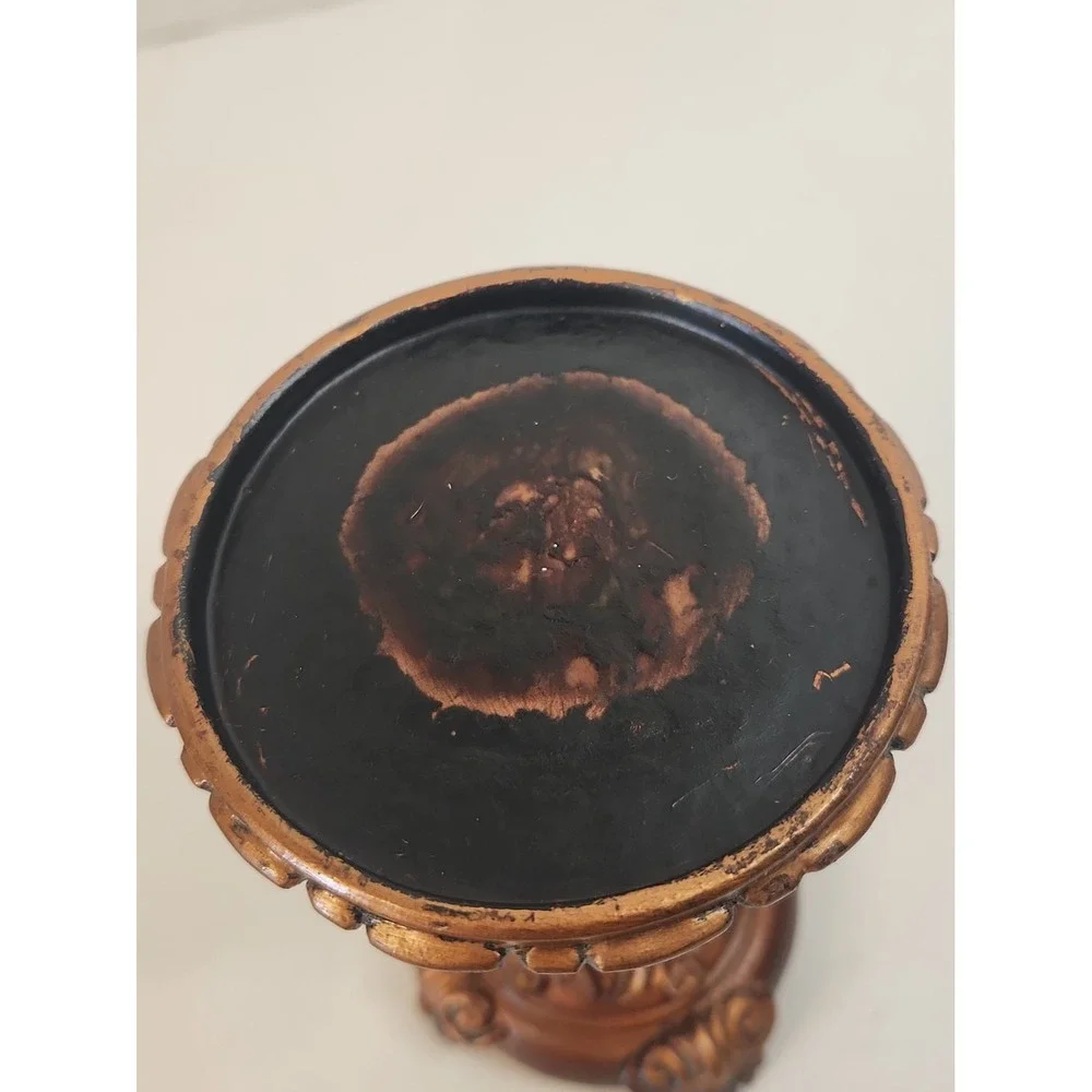Vtg '03 Goldtone Baroque Pillar Candle Holder Pedestals Staggered Set of 2 Resin
